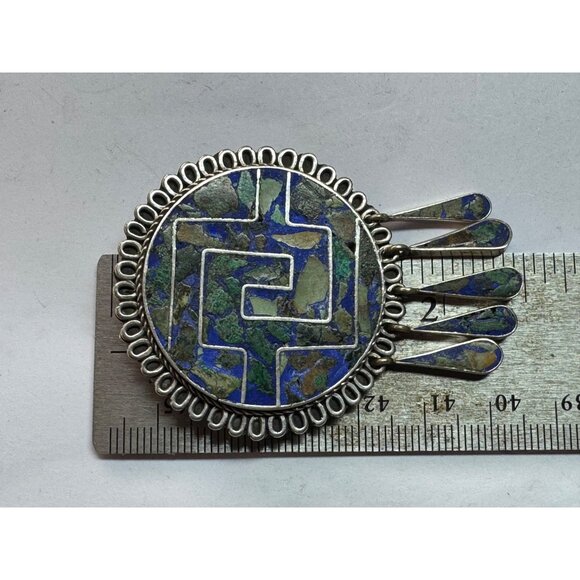 Estate Mexican Sterling Silver 925 Azurite Malachite Inlay Brooch Pin Pendant 15 - Picture 6 of 8